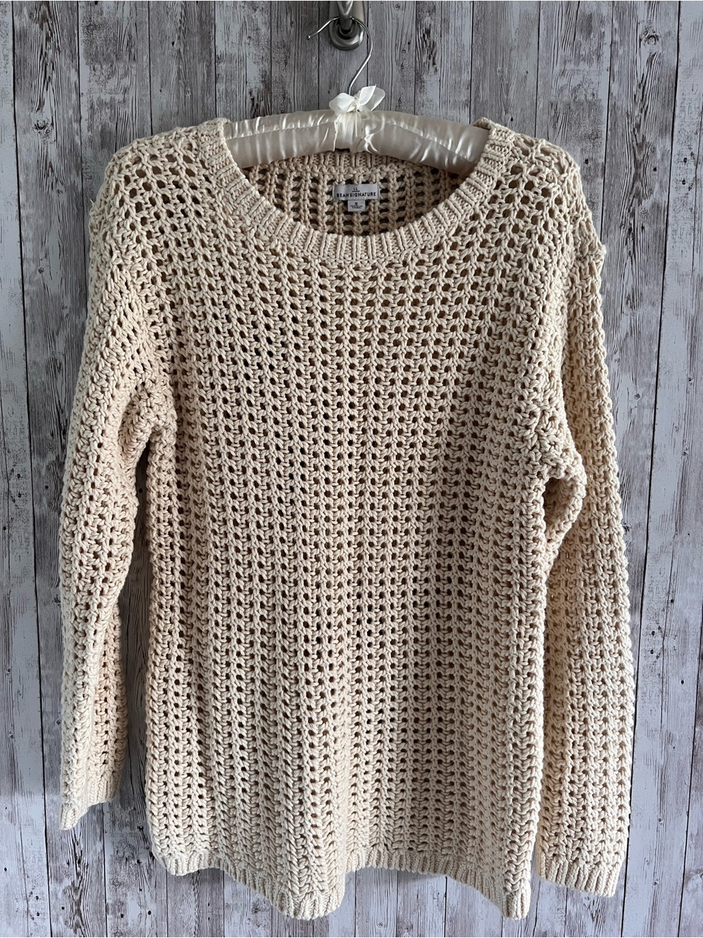 L.L. Bean Open Knit Crochet Cotton Cream Sweater Fisherman Preppy Small